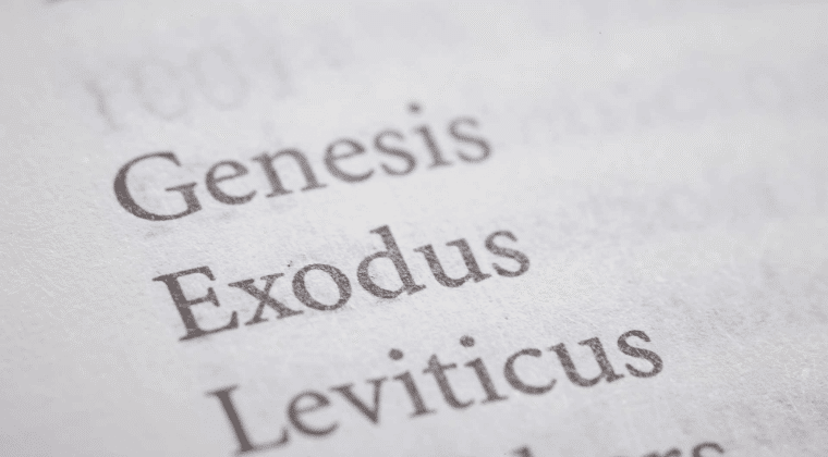 Bible open to table of contents that say Genesis Exodus Leviticus