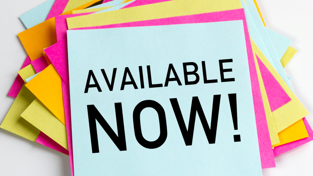 Multiple colored sticky notes laying on top of each other at different angles. The top one says Available NOW! Church Equip Curriculum